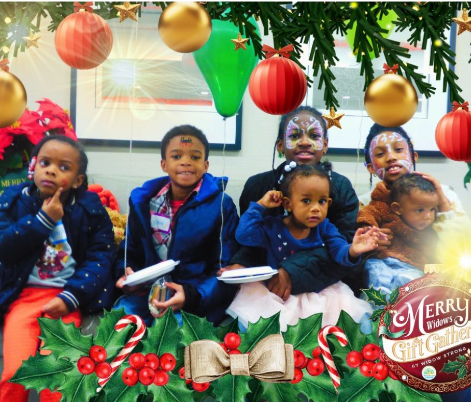 Six children seated together on a couch inside a festive holiday photo frame